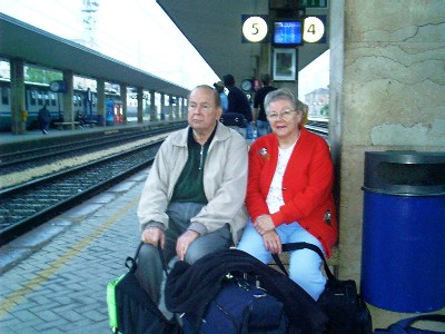 Don and Mary waiting for the train to Vienna. (In Treviso, Italy)