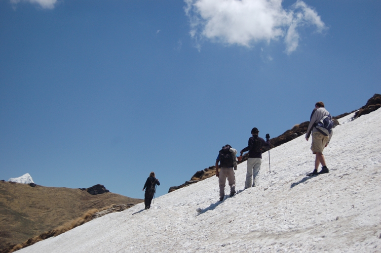 Crossing one of many snow and ice fields