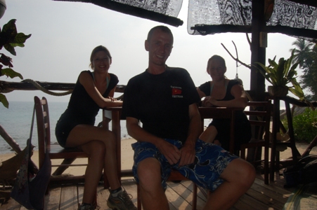 Relaxing at Petani Beach after our strenuous walk across the island...