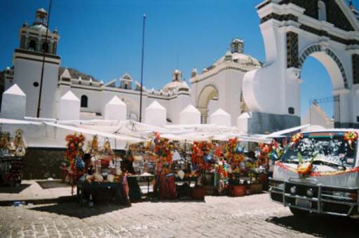 Vehicles are blessed in front of the Copacabana Moorish-styled church