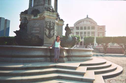 Using my newly-bought US$30 camera at the plaza in front of Manaus's famous theatre