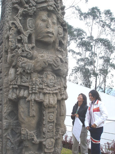 Admiring a pre-Columbian sculpture from Guaysamin